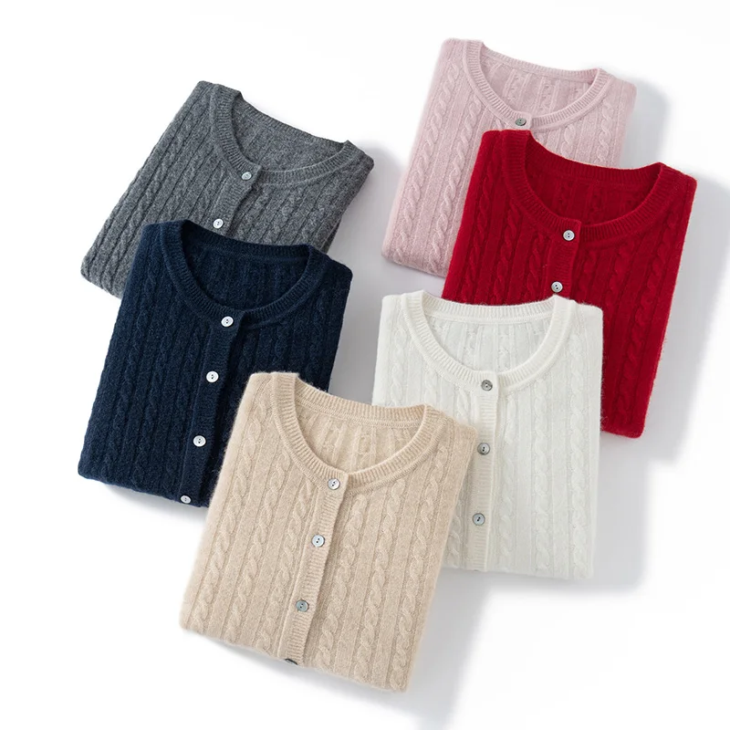 100 pure cashmere knitting coat cardigan pullover sweater women's round neck Fried Dough Twists knitting coat bottoming in autum