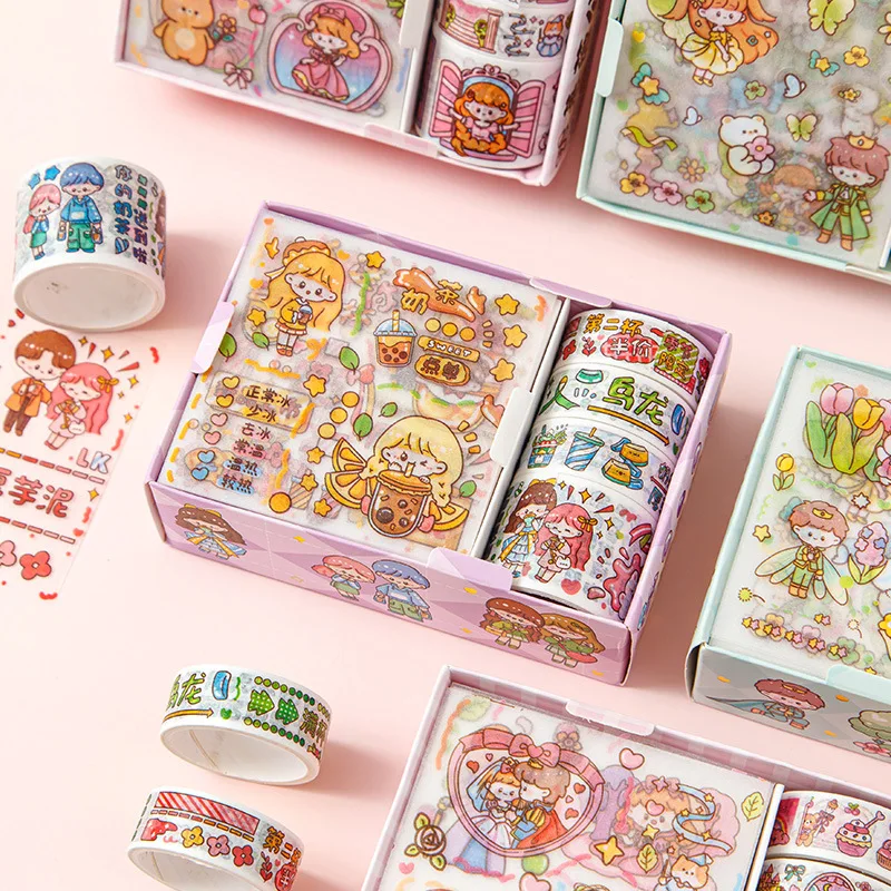 8 PCS Box Cute Korean Sticker Aesthetic Cartoon Masking Tape Set DIY Album Planner Journal Scrapbooking Decoration Kids Gift