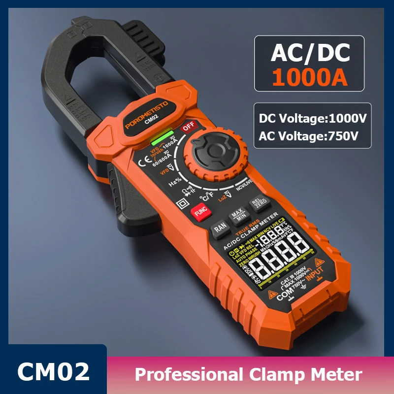 CM02 medidor de pinza Digital Pro 1000A 1000V AC DC abrazadera de corriente valores eficaces verdaderos alicates amperímetro voltímetro VFD REL Ohm