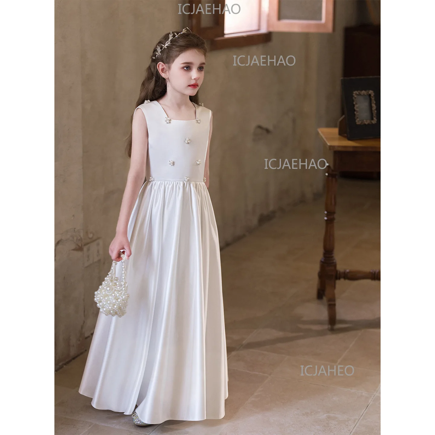 Girls White Princess Dress Kids Piano Performance Host Satin Evening Gown 2026 New Summer Style  Children Girls Birthday Dress
