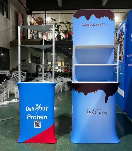 New Style Foldable Portable Aluminum Shelving Backdrop Trade Show Exhibitions Display Stand Promotional Table Reception Table