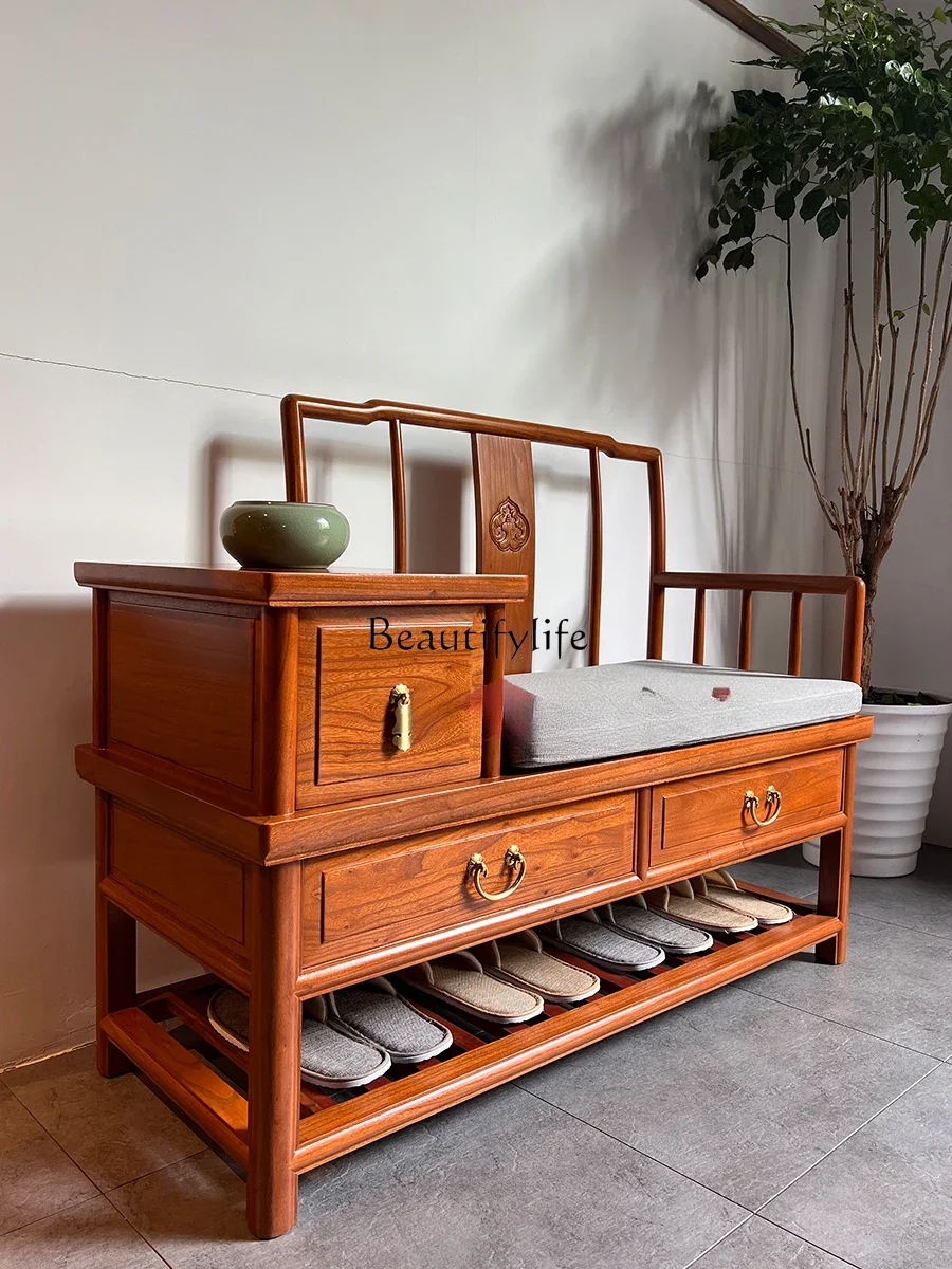 FGNew Chinese Style Chair for Shoes Changing Old Elm Wood Shoe Changing Stool Shoe Rack Integrated Sitting Storage Chair