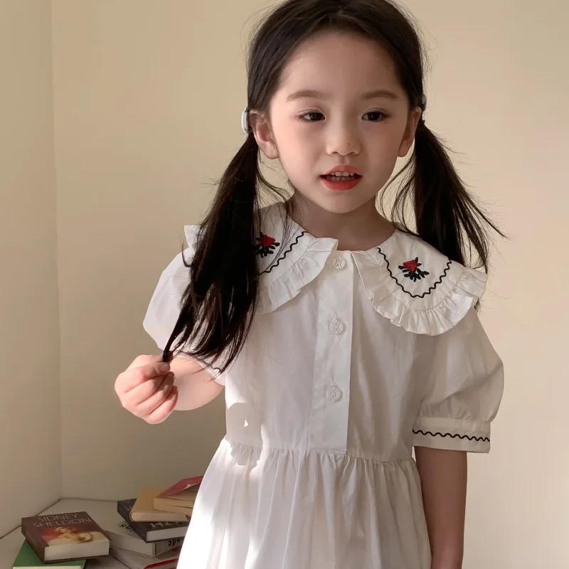 2024 Children Girl Flower Embroidered Dress Peter Pan Collar Cute Clothing Cotton Simple Summer Kids Little Girls Outing Vestido