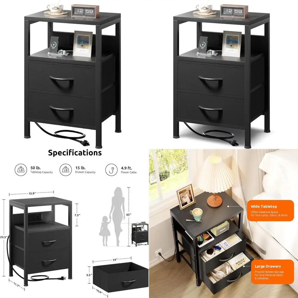 

Modern Charging Nightstand with USB-C Port, 2 Fabric Drawers, Open Shelf for Bedroom
