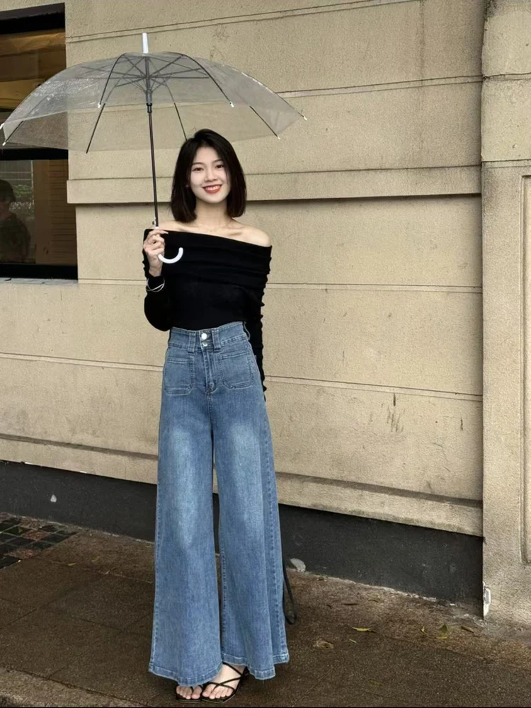 High Waist Wide Leg Denim Skirt Women's Loose Slimming Double Button Floor Length Lazy Bell Bottom Pants Casual Cotton Stretch