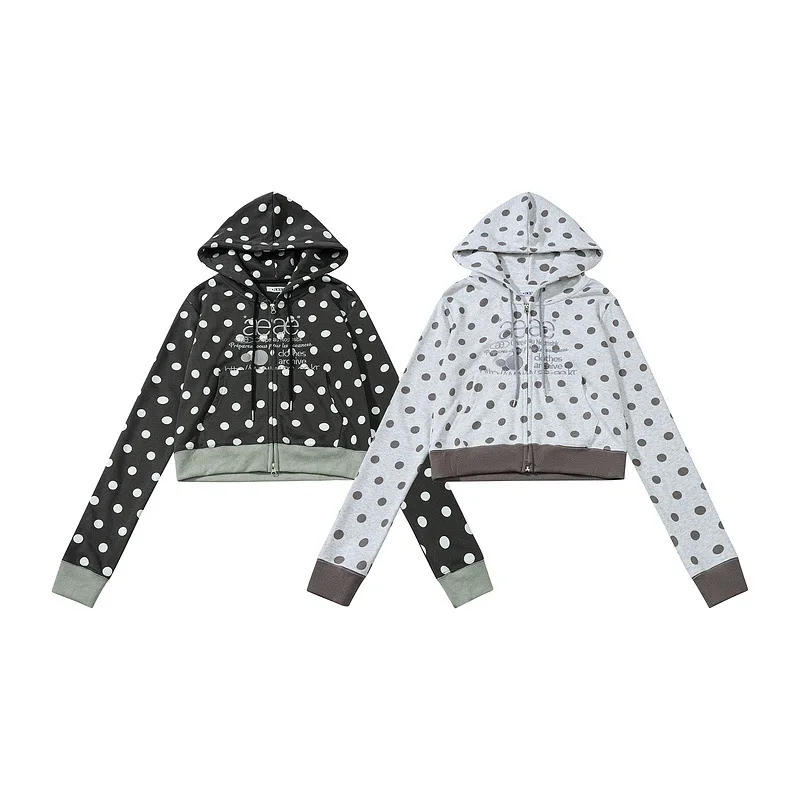 

Модная корейская толстовка Aeae 2026 года, женская осенне-зимняя укороченная куртка в стиле Spice Girl, приталенная, в горошек, с вышивкой букв