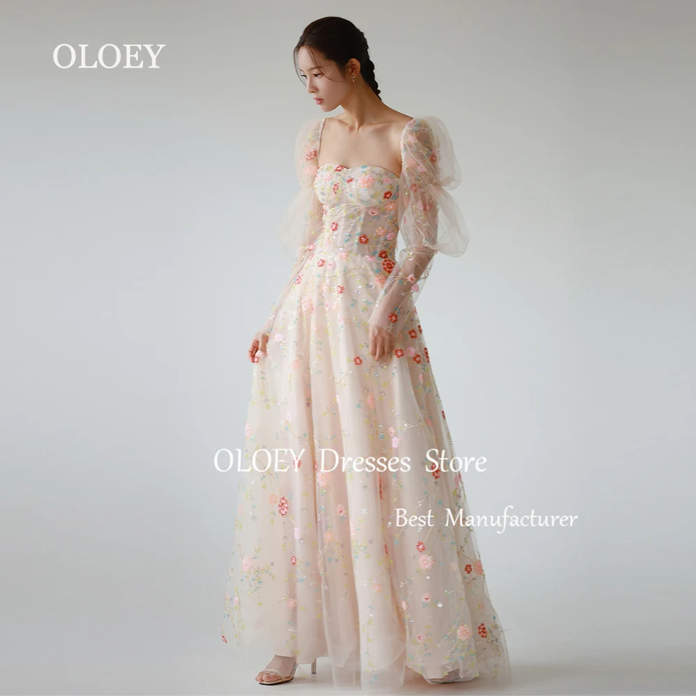 Oloey luxo contas floral uma linha vestido de baile coreia casamento photoshoot querida vestido de festa com mangas destacáveis tule macio