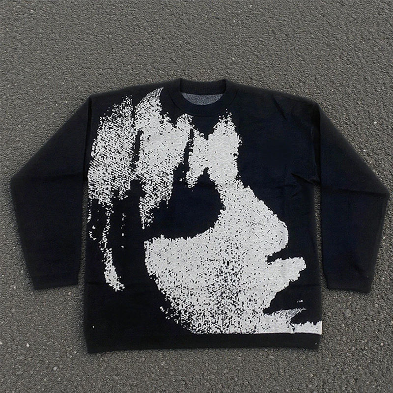 

New High Street Dark Style Personalized Portrait Jacquard Knitted Sweater Trendy Single Product Retro y2k Warm Sweater