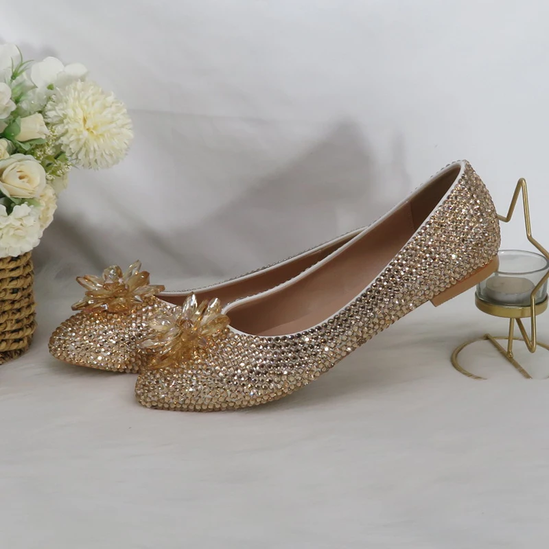 BaoYaFang Beige pearl Crystal womens wedding shoes Flat big size female shoes real leather insole woman shoes Bridal party shoes