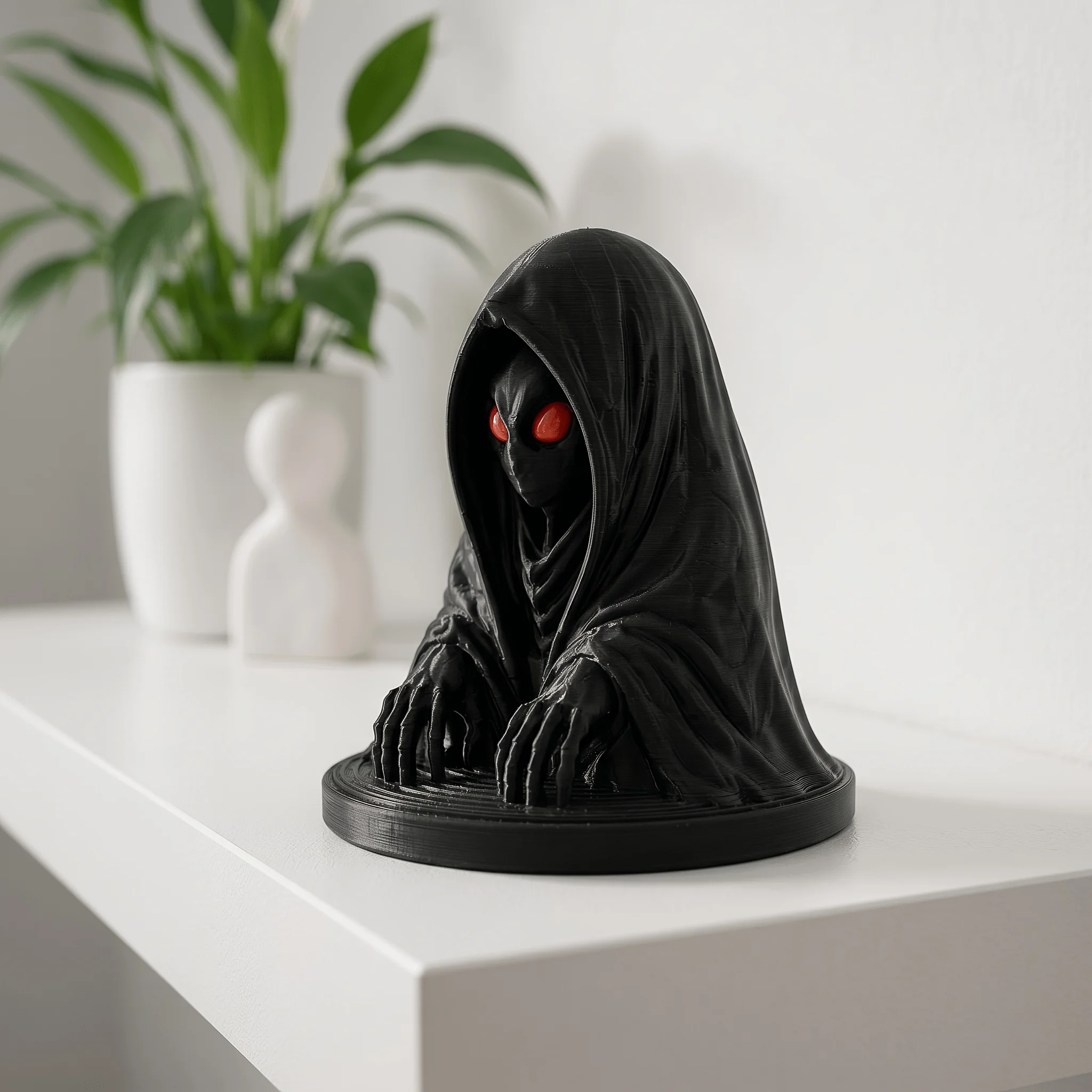 Gothic Mysterious Hooded Reaper Figurine 3D Printed Red Eye Black Robe Statue Desktop Ornament Decor for Game Room Desktop Gifts