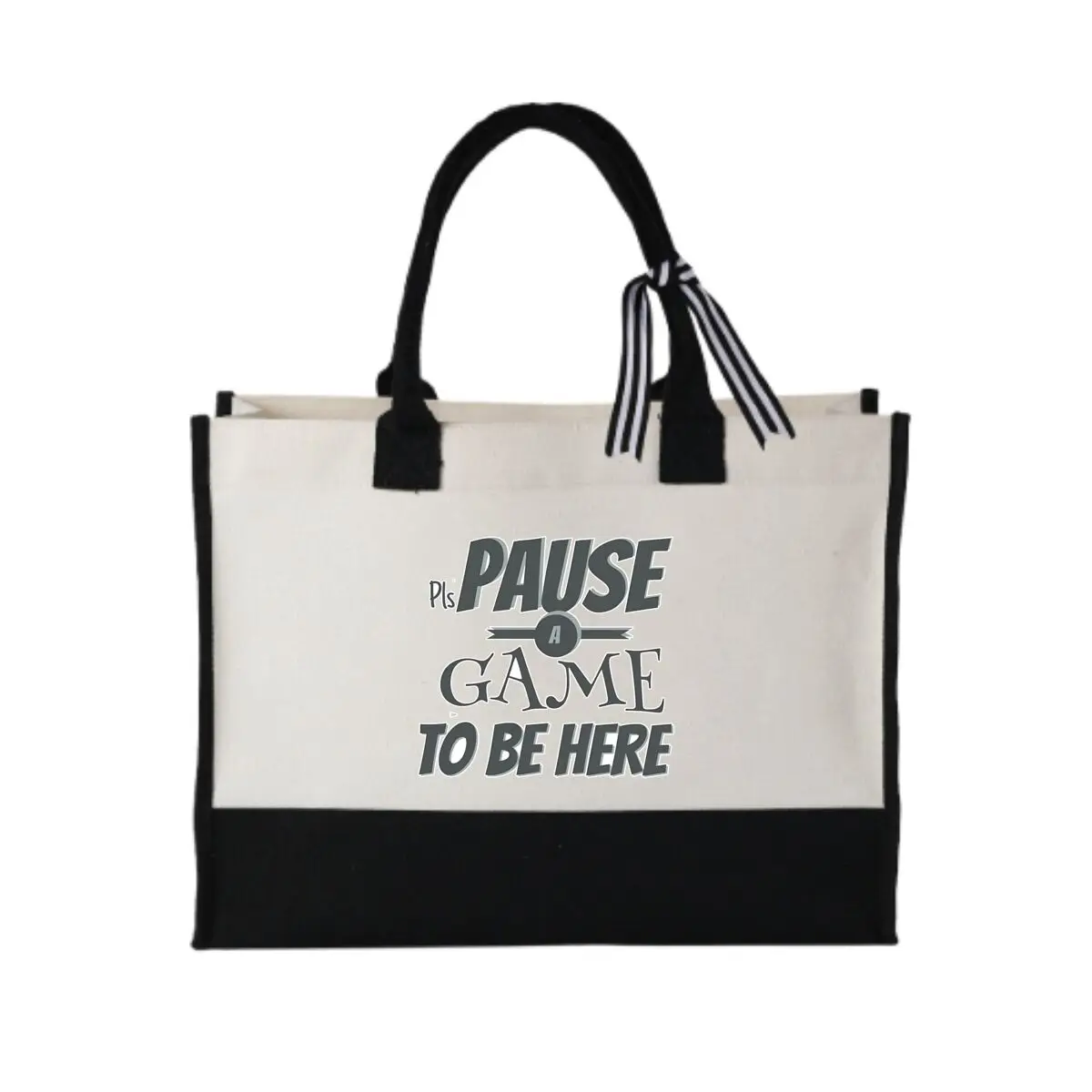 

Pls Pause a Game to be Here Funny Video Gamer Humor Joke Patchwork Canvas Tote for Winter Holiday Gifts