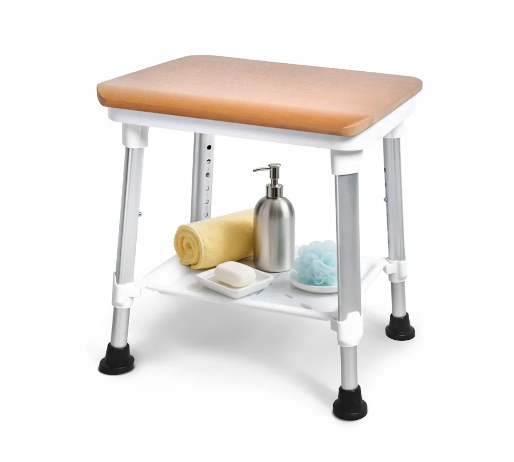 كرسي استحمام قابل للتعديل مع مقعد خشبي، سعة 400 رطل شديدة التحمل، مقعد حمام لكبار السن والمعاقين