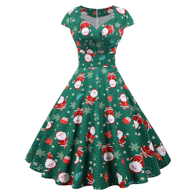 Fashion V-neck Short Sleeve Printed Christmas Dress Large Swing Vintage Elegant Xmas Party Dress