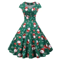 Vestido de Navidad estampado de manga corta con cuello en V, elegante vestido de fiesta de Navidad Vintage Swing grande