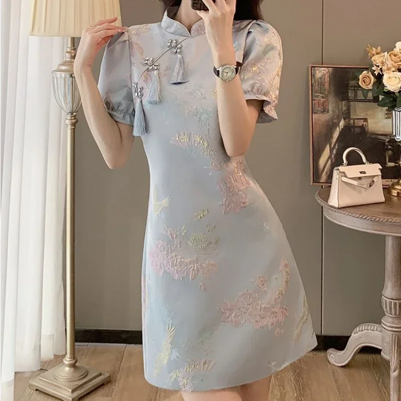 

Chinese Style Elegant Cheongsams Dress Summer Women Vintage Floral Embroidery Qipao Mini Dress Lady Chic Tassels Slim Vestidos