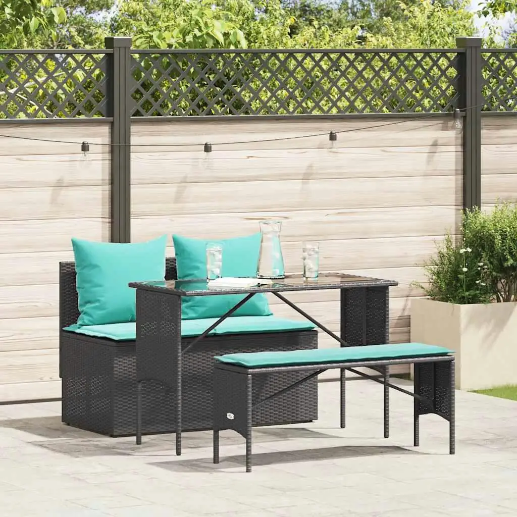 

3 Piece Black Rattan Patio Dining Set with Cushions Outdoor Furniture Garden Table and Chairs