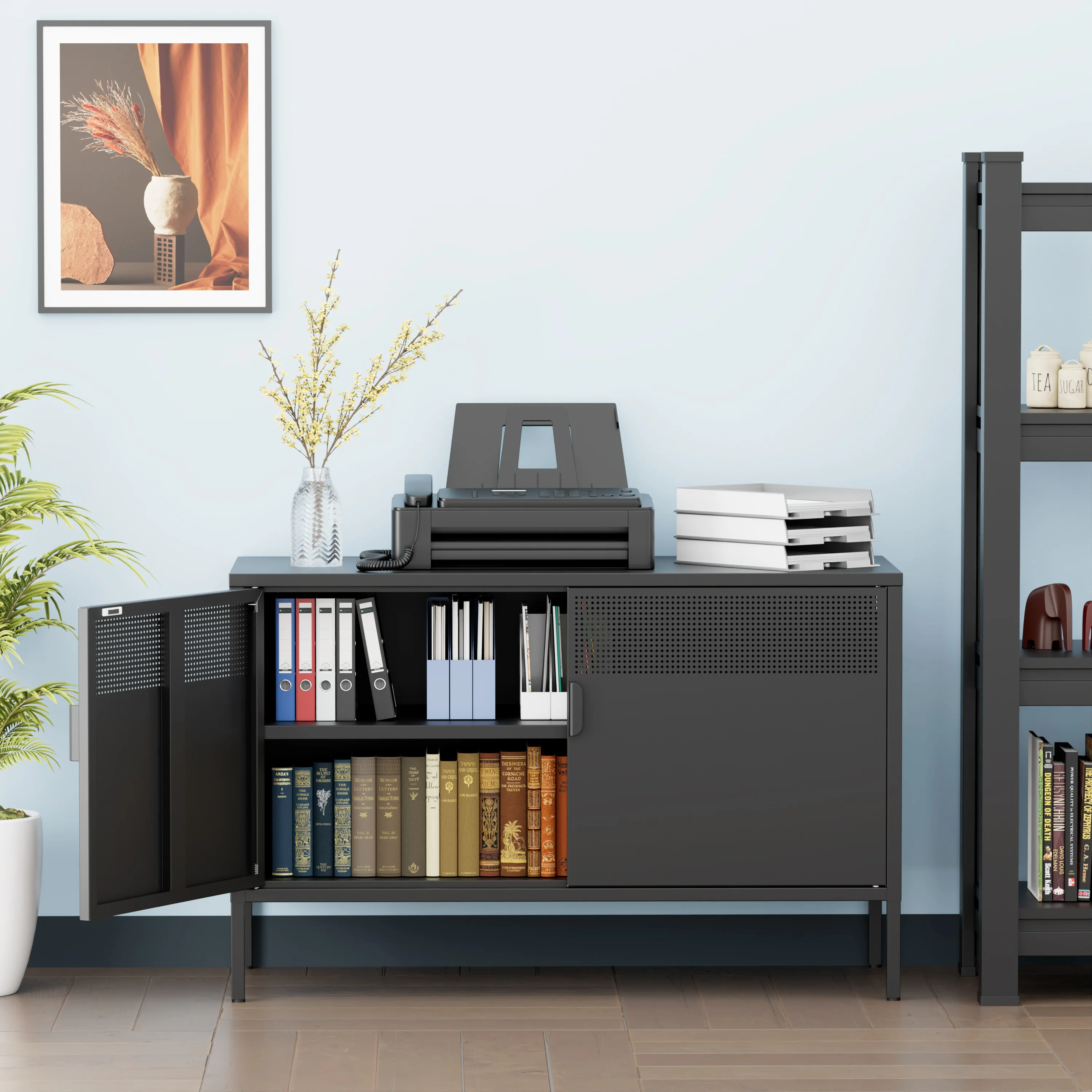 

Черный широкий металлический шкафчик для хранения, двухдверный металлический шкафчик для дома и офиса, стойка для телевизора, шкафчик