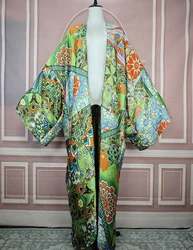 African summer Fashion Lady Boho Silk Printed Open Front Cardigans Traditional Muslim Women Prayer Ramadan Loose Kimonos