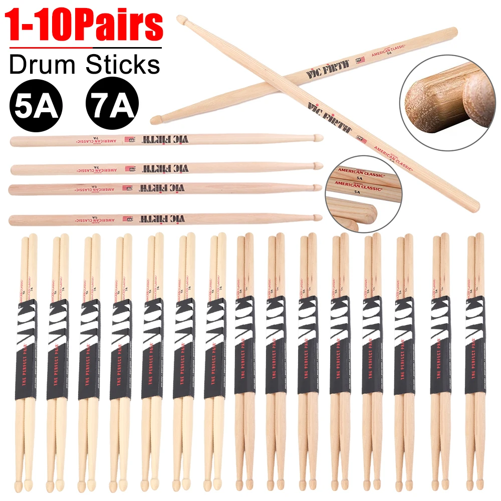 1-10Pair Drumsticks 5A/7A Mallets Jazz Drum Sticks Percussion Consistent Weight and Pitch American Hickory Classic Drum Sticks