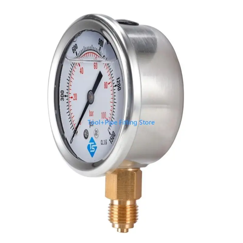 F92B Glycerine Filled Vacuum Pressure Gauge 1/4'' BSP Bottom Connection 100 Bar 0-1500 PSI Water Air Oil Gas Gauge Dual Scale
