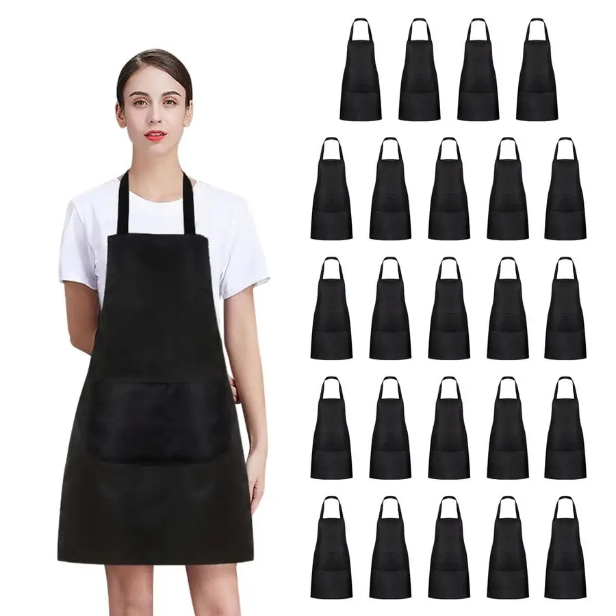 

12 24 Pack Plain Bib Aprons Bulk, Black Commercial Apron with 2 Pockets, Unisex Apron for Adults Painting BBQ