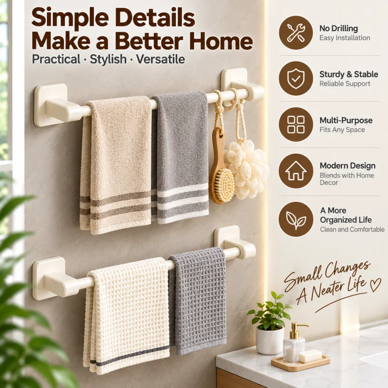 5-Piece Set (Includes Storage Rack + 2 Adhesive Hooks + 2 Hooks), Cream-Colored Modern Metal Self-Adhesive Towel Bar, Available in Multiple Sizes, No-Drill Wall-Mounted Rack, Bathroom and Kitchen Towel Storage Rack