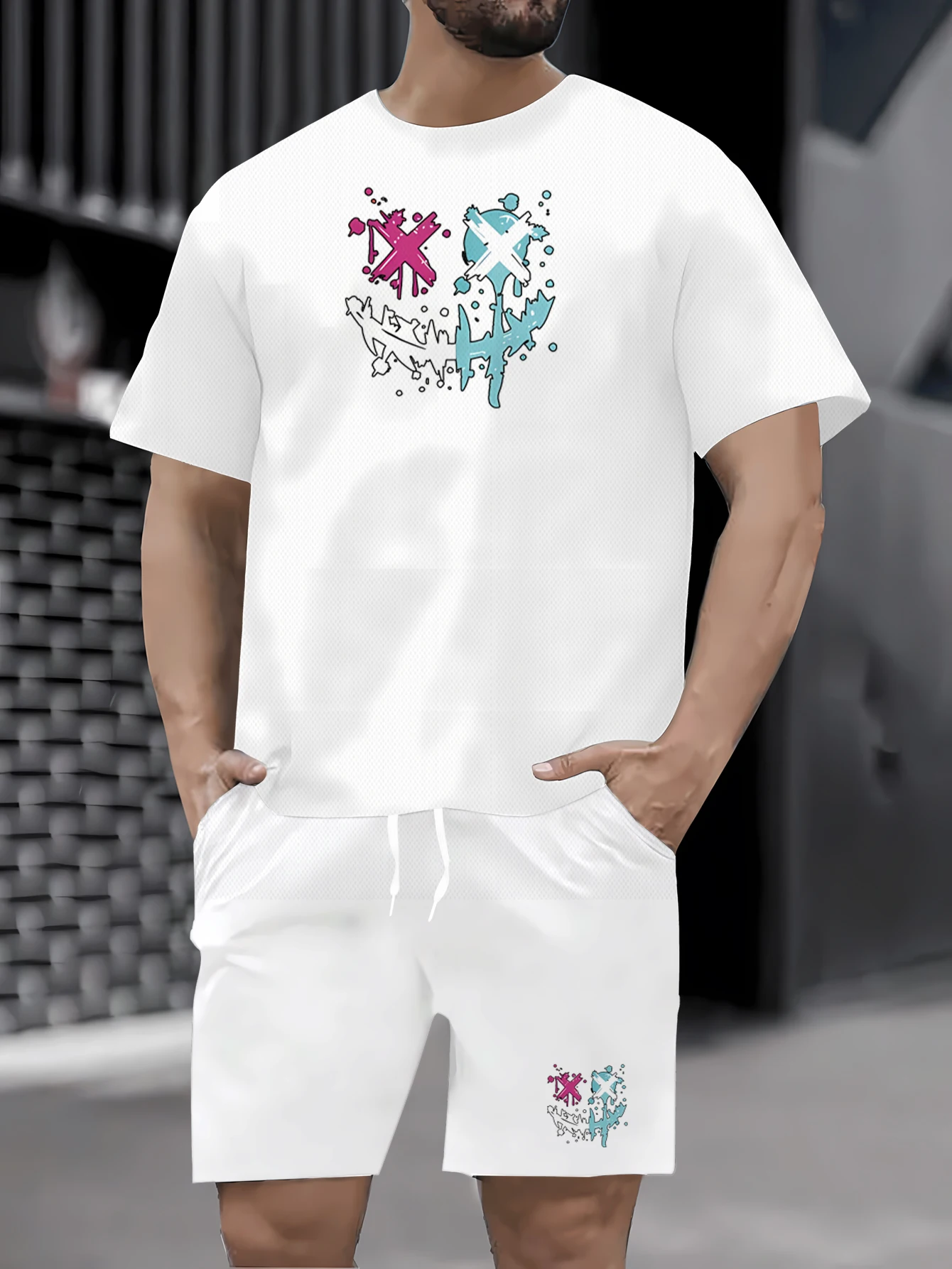 Summer new men's casual two-piece round neck short sleeved T-shirt and drawstring shorts knitted outdoor sportswear