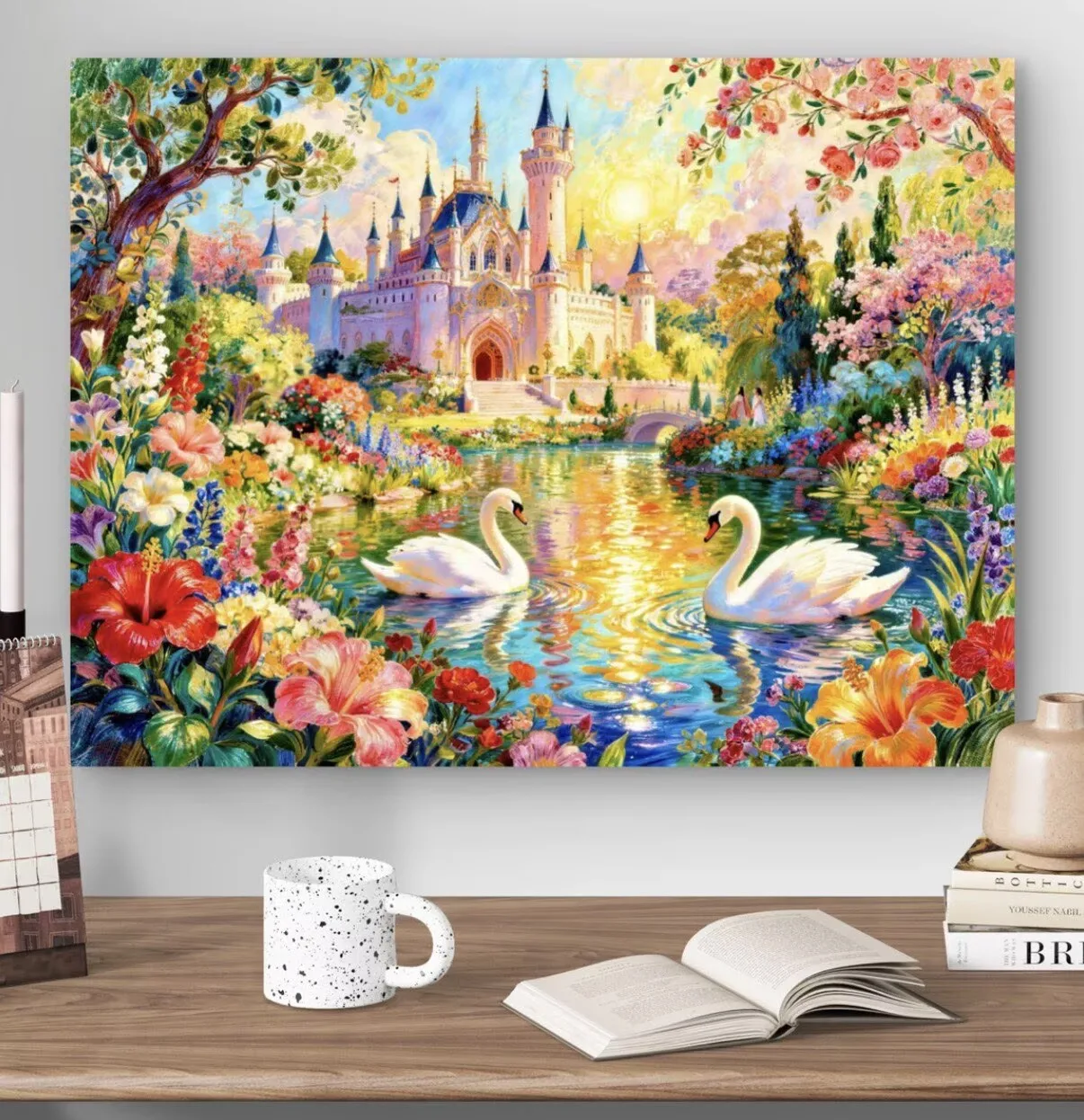 9CT 14ct Swans Castle  Printed Kit Cross Stitch Embroidery DIY Needlework Home Decor Crafts With Needles Threads 76 Colors