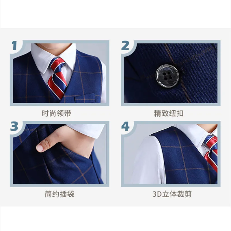 Boy Plaid Vest Tuxedos Kids Waistcoat Wedding Clothes Sets Toddler Formal Dress Suits Child School Uniform Baby Gentlemen Outfit