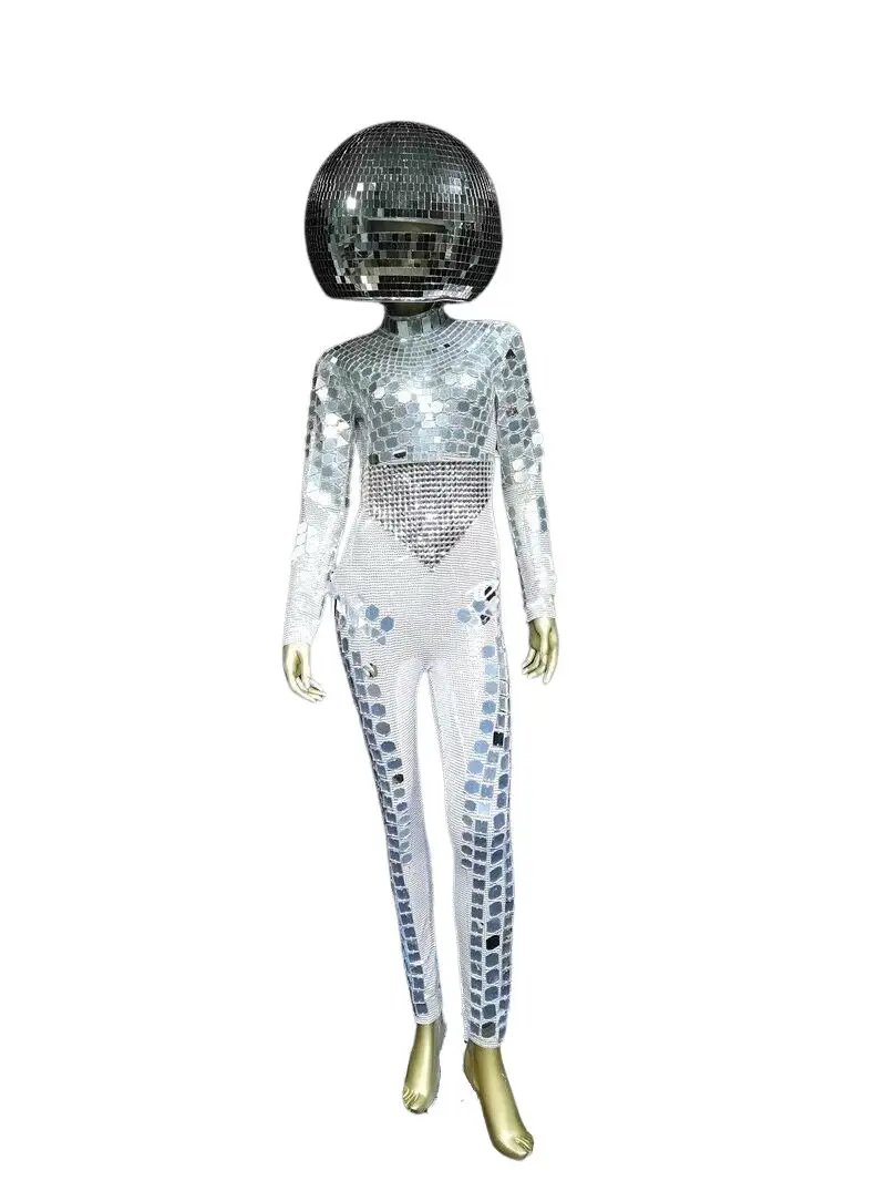 Disco Mirror Ball Jumpsuit Glass Helmet Metallic Cosplay Ball Halloween Stage Prop Halloween Christmas Costumes