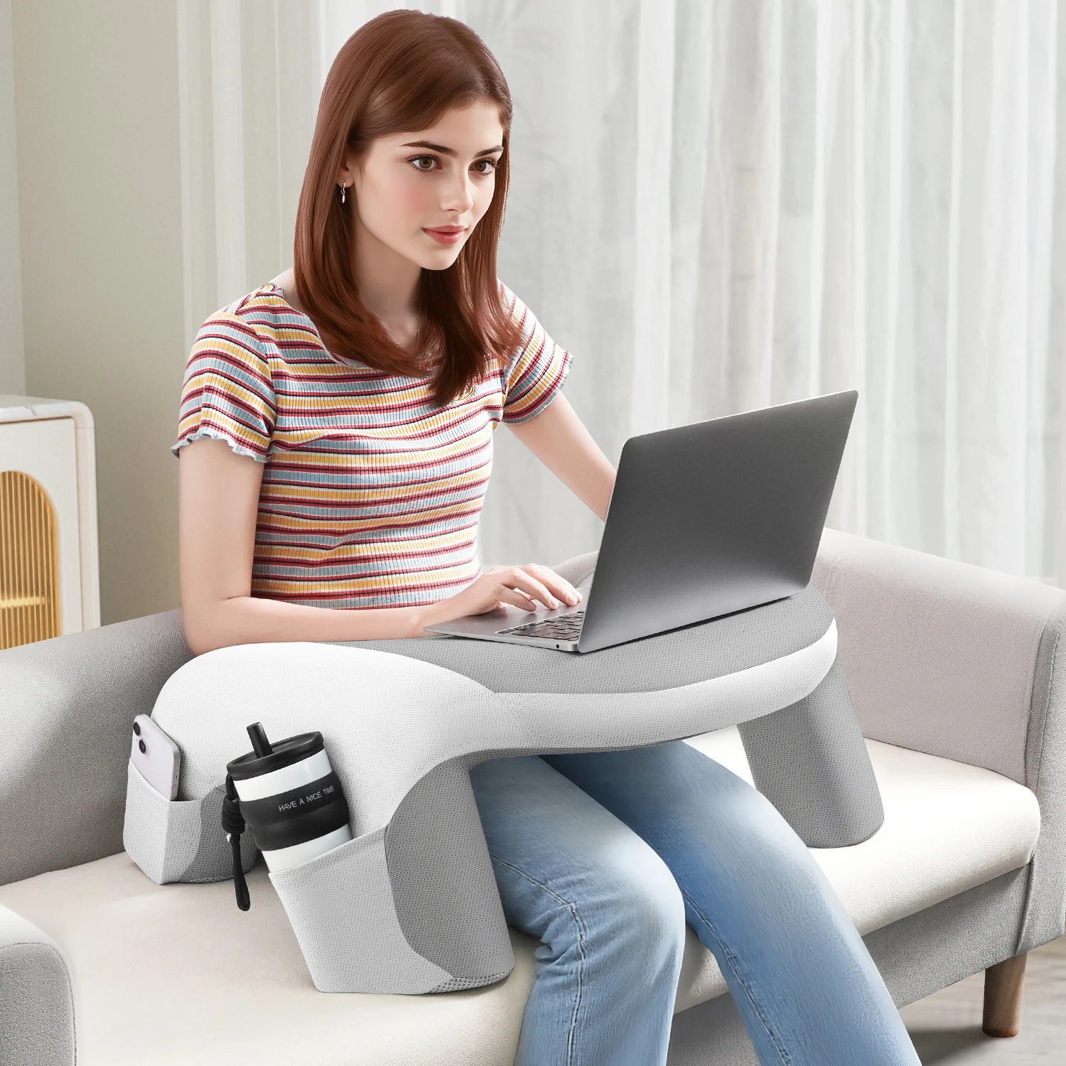 Soft Lap Desk Pillow for Laptop, Reading Pillow for Gaming,Ultimate Lap Pillow with Cup Holder Pocket for Bed, Couch, Floor, Car