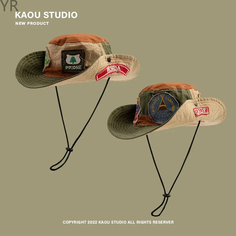 

Harajuku Tooling Style Retro Patch Color Matching Bucket Hats Women Summer Outdoor Camping Sun Protection Fishing Men's Caps