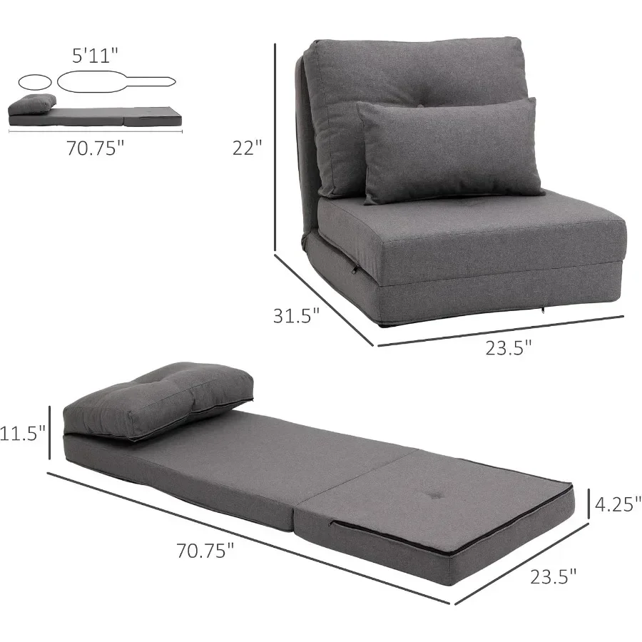 Folding Sofa Bed Convertible Sleeper Chair for Small Spaces, Polyester Fabric, Dark Grey, Space-Saving Comfortable
