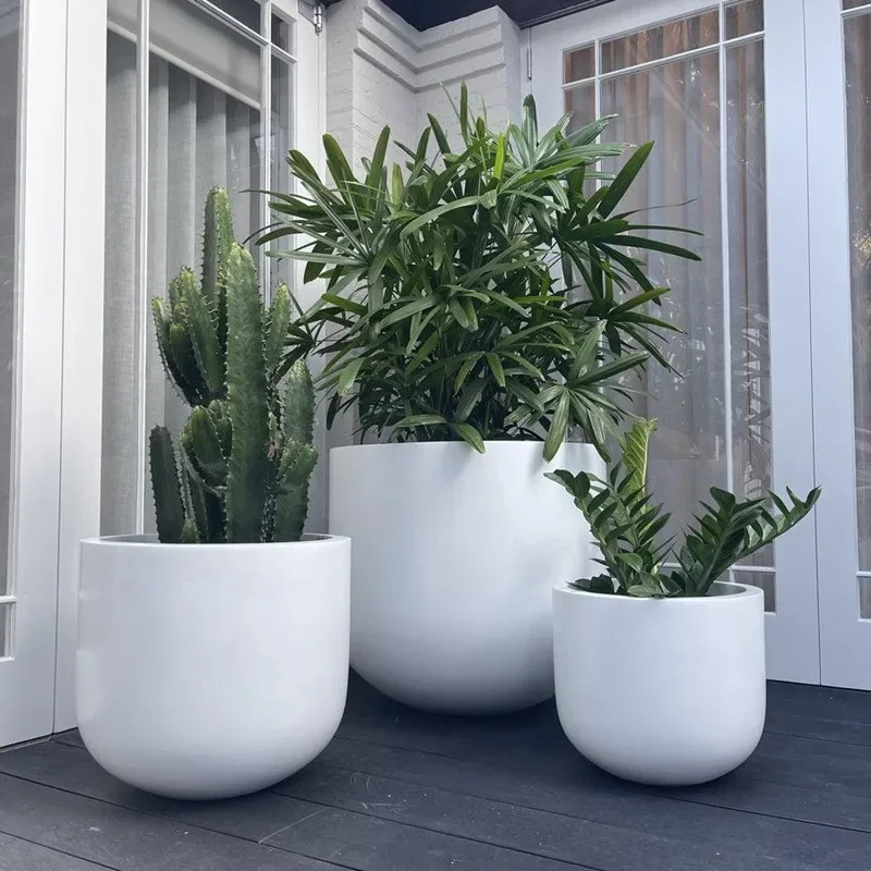 

Outdoor White Durable Light Weight Fiberglass Flower Pots Large Customized Round Industrial Plant Pots Modern Design