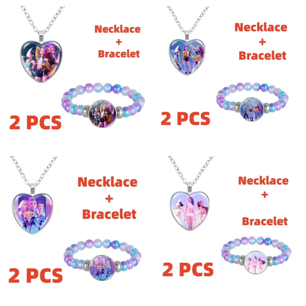 2pcs Kpop Demon Hunters Jewelry Set Anime Necklace and Bracelet for Girls Kawaii Cosplay Accessories Christmas birthday Gift