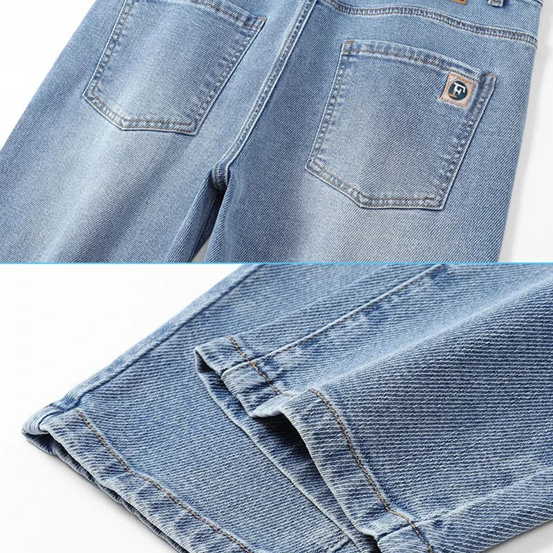 Celana Panjang Biru Giok Putih Sedikit Melar Jeans Pria Nyaman Terlihat Lebih Tinggi Celana Denim Trendi Muda Tipis Lurus Longgar Pria