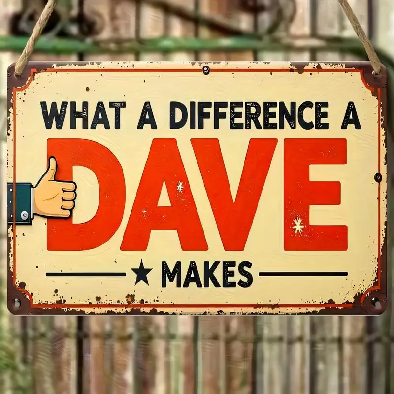 Vintage Distressed Metal Tin Sign - What a Difference a Dave Makes (Thumbs - Up Hand, Star Design), Red/Black Retro Style, Iron