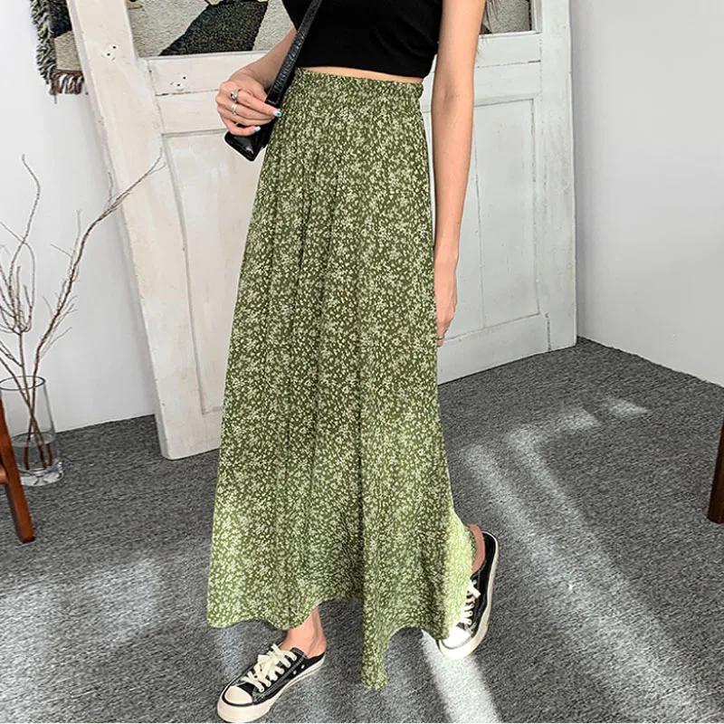 2024 New Women's Summer Fashion Elegant Loose Casual Versatile Commute Korean Version Printed High Waist Sweet Floral Skirt