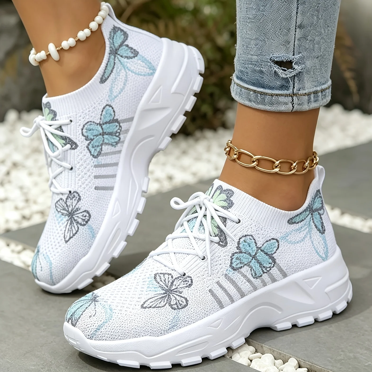 Women Casual Sneakers Floral Print Mesh Breathable Lightweight Platform Shoes Thick Sole Lace Up Running Fashion Trainers Female
