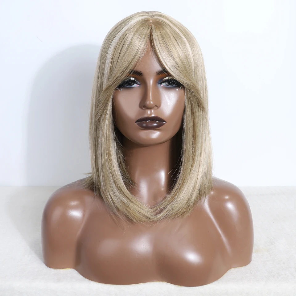 Synthetic Middle Straight Bob Wigs with Bangs Light Blonde Natural  Hair for Women Daily Cosplay Heat Resistant Fiber Wigs