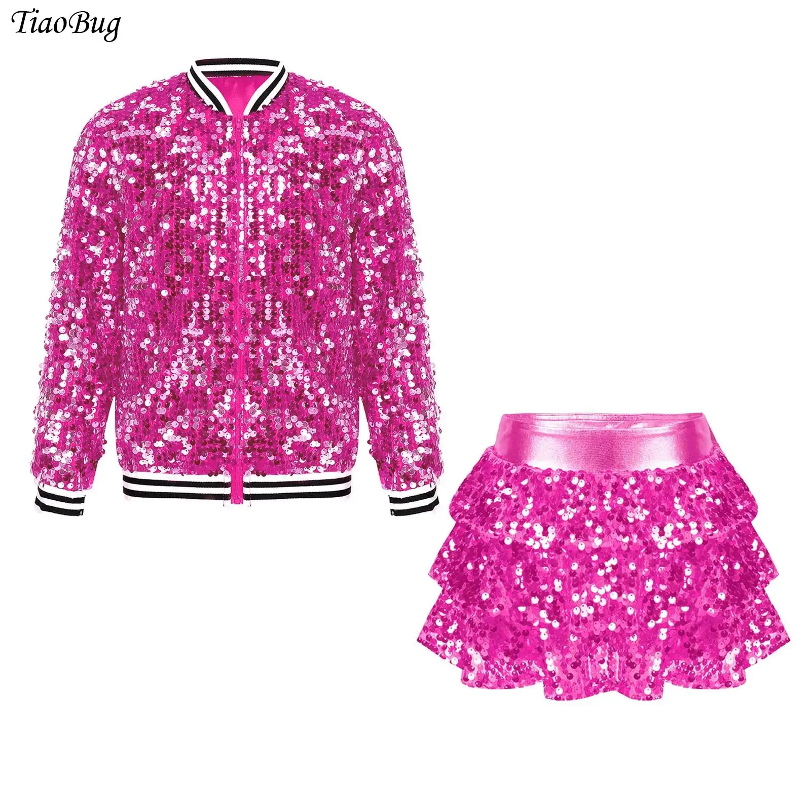 

Kids Girls Shiny Sequins Jazz Dance Outfits Glitter Baseball Jacket Outerwear with Skirted Shorts Culottes Hip Hop Dancewear Set