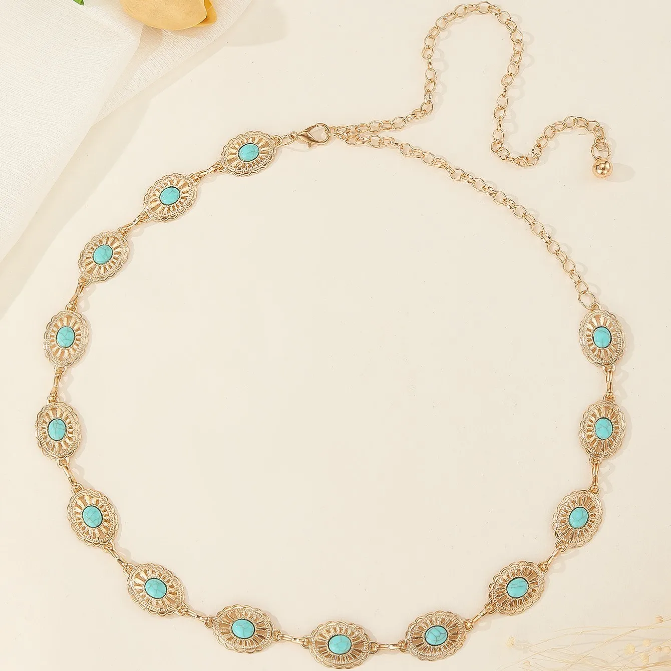 Silvery Turquoise Metal Waist Chain Boho Carved Hollow Out Belly Chain Vintage Summer Beach Chain Dress Girdle For Women