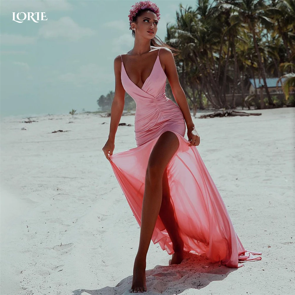 

LORIE Simple Beach Pink Evening Dresses Spaghetti Straps Pleated Side Slit Mermaid Prom Dress Saudi Arabia Celebrity Party Gowns