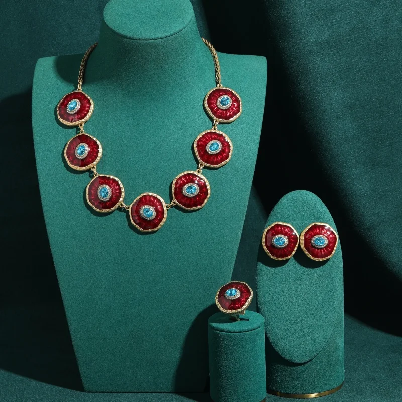 

Woman Vintage Evil's Eye Blue Jewelry Sets Red Crystal Choker Necklace Charm Stud Earrings Retro Ring Elegant 2026 Party Quality