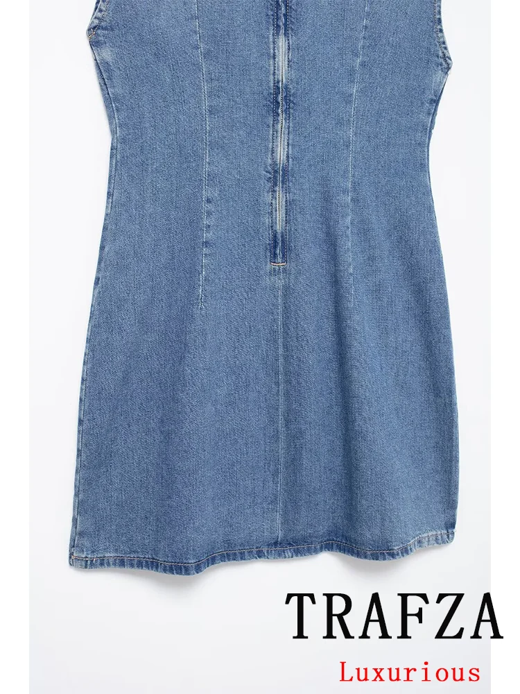 TRAFZA Vintage Casual Chic Women Denim Dress O-Neck Sequined Sleeveless Straight Mini Dress New Fashion 2024 Autumn Female Dress