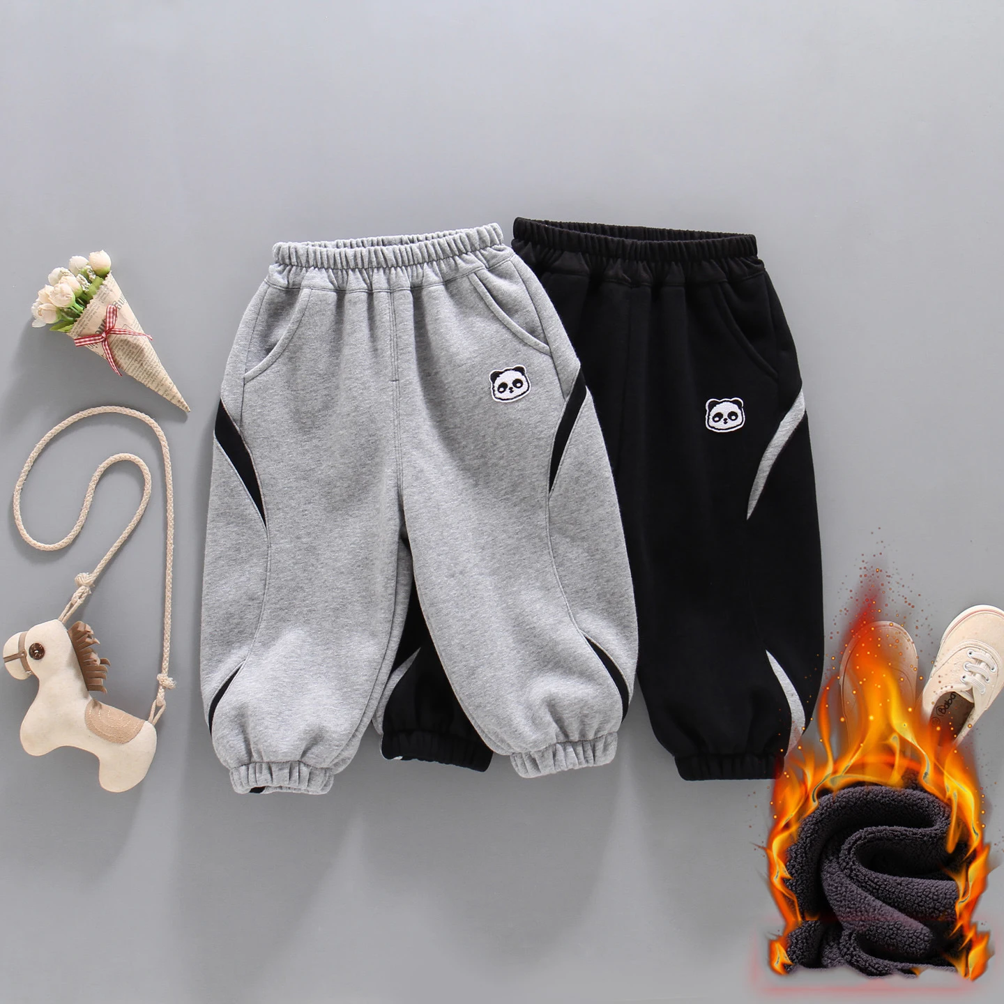 

Брюки для бега для маленьких мальчиков, утепленные свободные брюки с вышивкой медведя в стиле пэчворк для маленьких мальчиков, новые зимние детские брюки с эластичной резинкой на талии для мальчиков