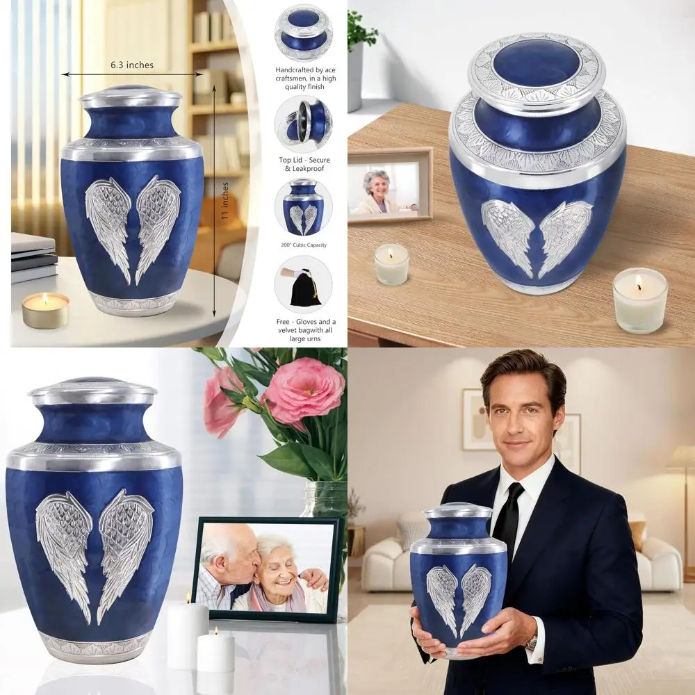 

Elegant Silver-Toned Urn with Engraved Angel Wings, Suitable for Adult Male or Female Ashes, Large Size, Dark Blue and Silver De