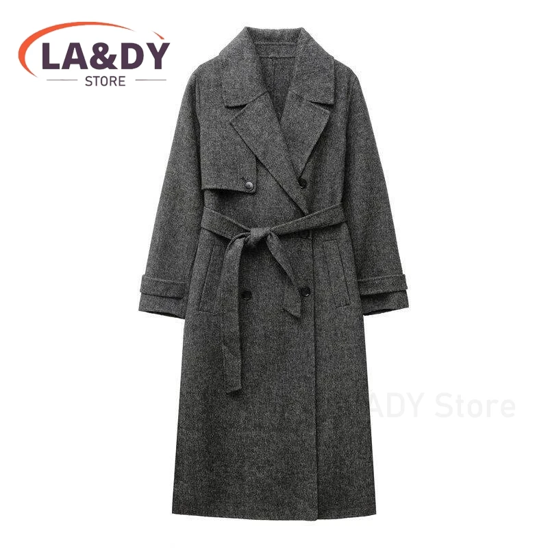 Wool Coat Women 2025 High Quality Dark Grey Double Breasted Belt Outwear Casual Long Blend Overcoat Female