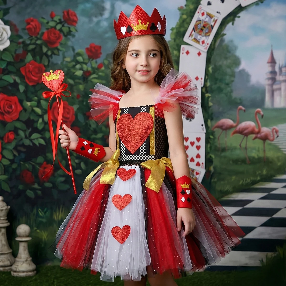 Halloween Queen of Hearts Tutu Dress Girls Alice in Wonderland Costume Red Black Gold Birthday Party Outfit Knee Length Dress