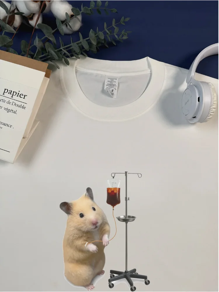 Creative Commute Cotton Short Sleeve T-Shirt for Couples Hamster Meme Coffee Injection Printing Breathable Unisex Tee